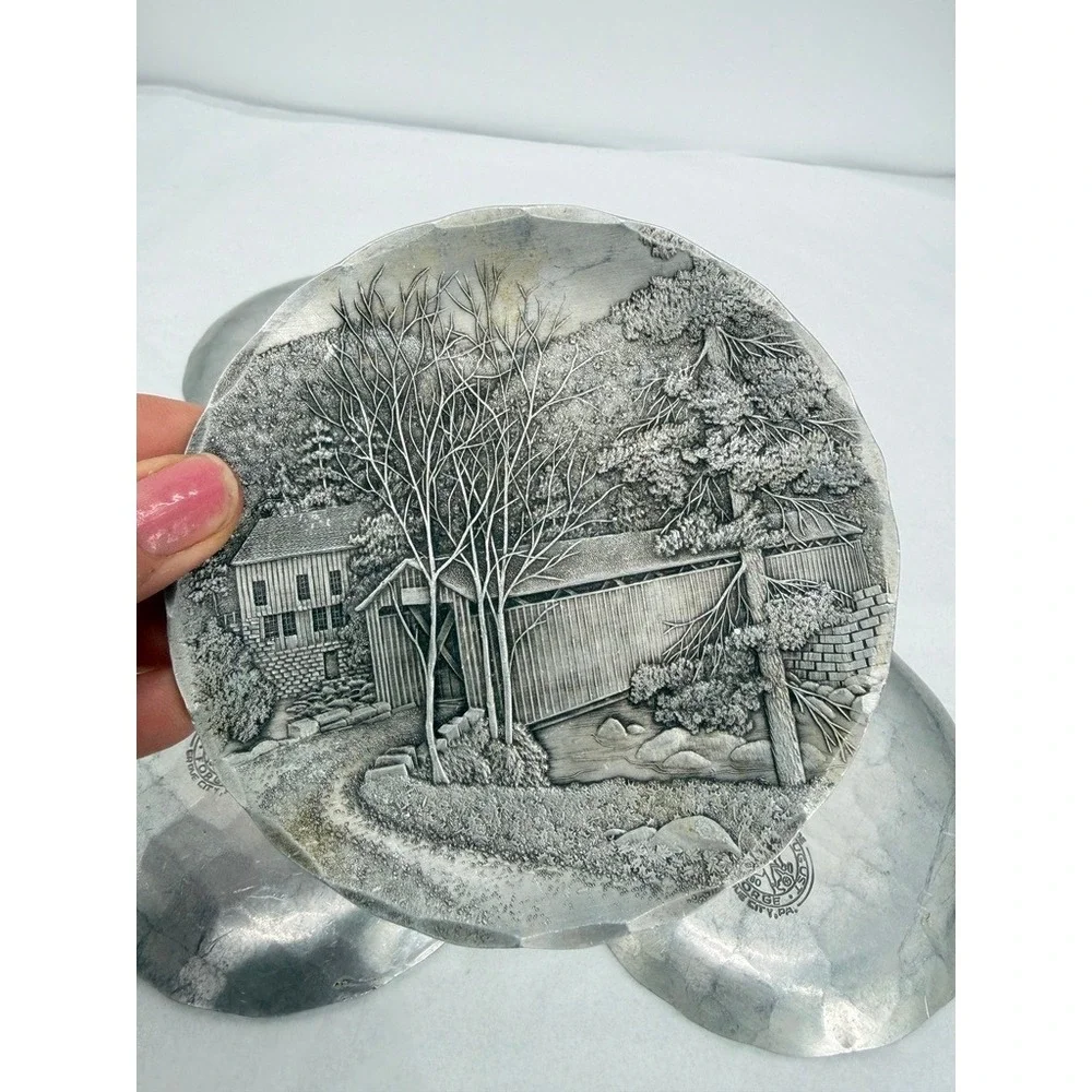 Wendell August Forge Coasters Hand Hammered Aluminum Scenic Decor 4pc Round